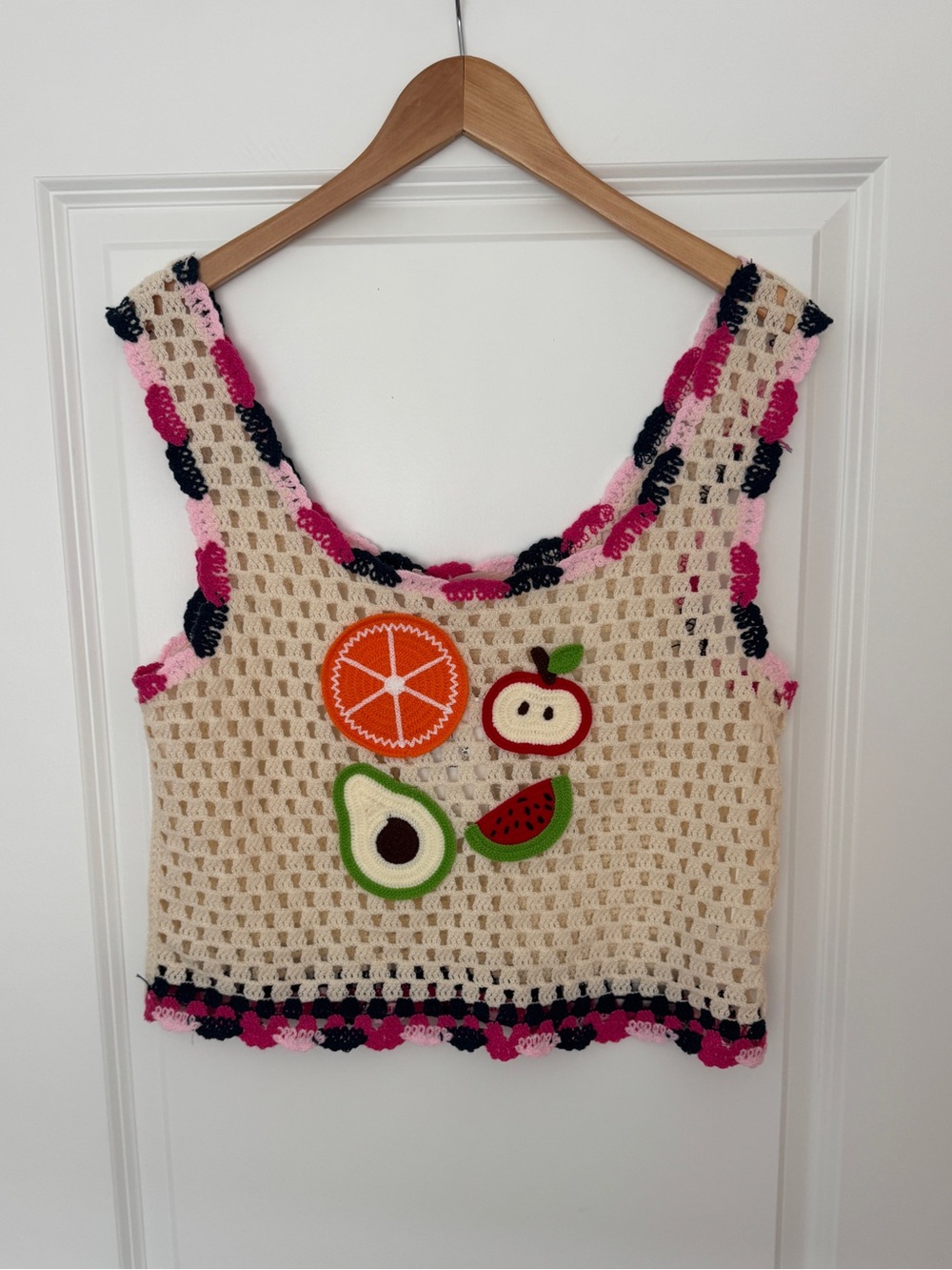 Rebellion Cream Crochet Cropped Tank with Colorful Fruit Appliqués - Picture 1 of 3